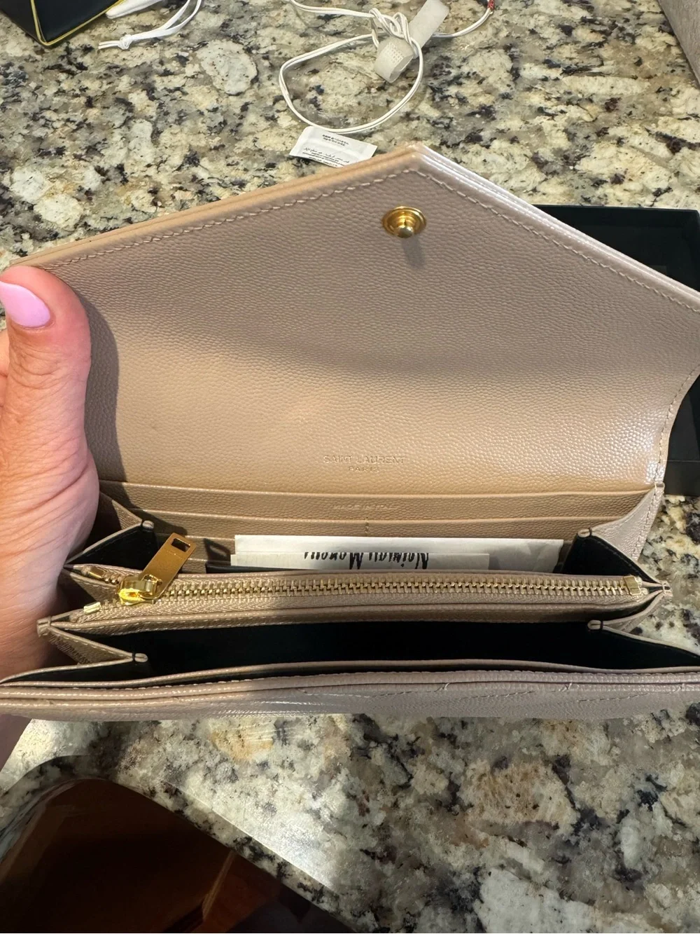 Saint Laurent Beige Quilted Leather Envelope Clutch with Gold YSL Monogram